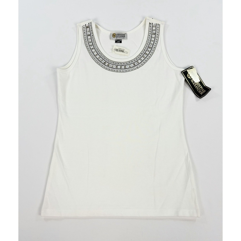 Christine Alexander Swarovski Crystal Bling Tank Top Women's Large White New